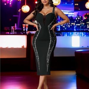 NWOT Sparkling Sequin & Rhinestone Embellishment Black Midi sleeveless Dress!